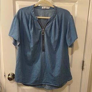 MISSLOOK Light Blue Denim Zippered Mandarin Collar Blouse Women’s XL